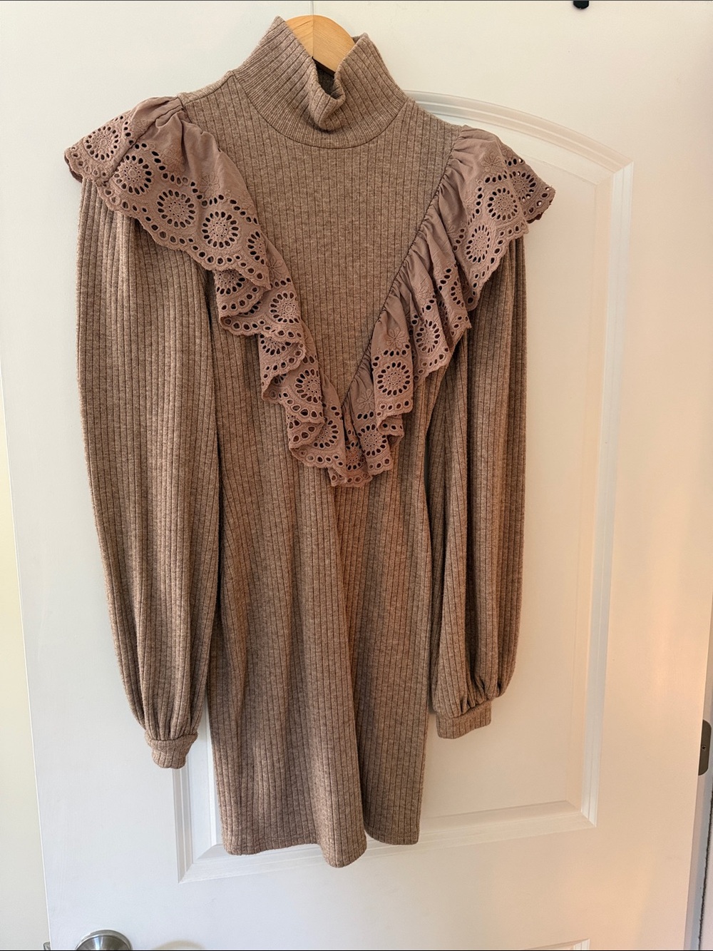 Tularosa Della Sweater Taupe Ribbed Turtleneck Dress with Eyelet Ruffle
